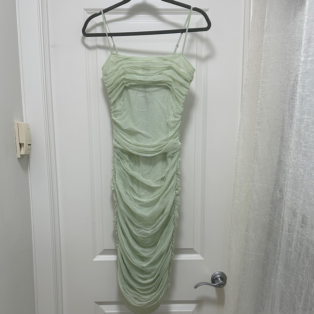Babaton Light Green Ruched Midi Dress